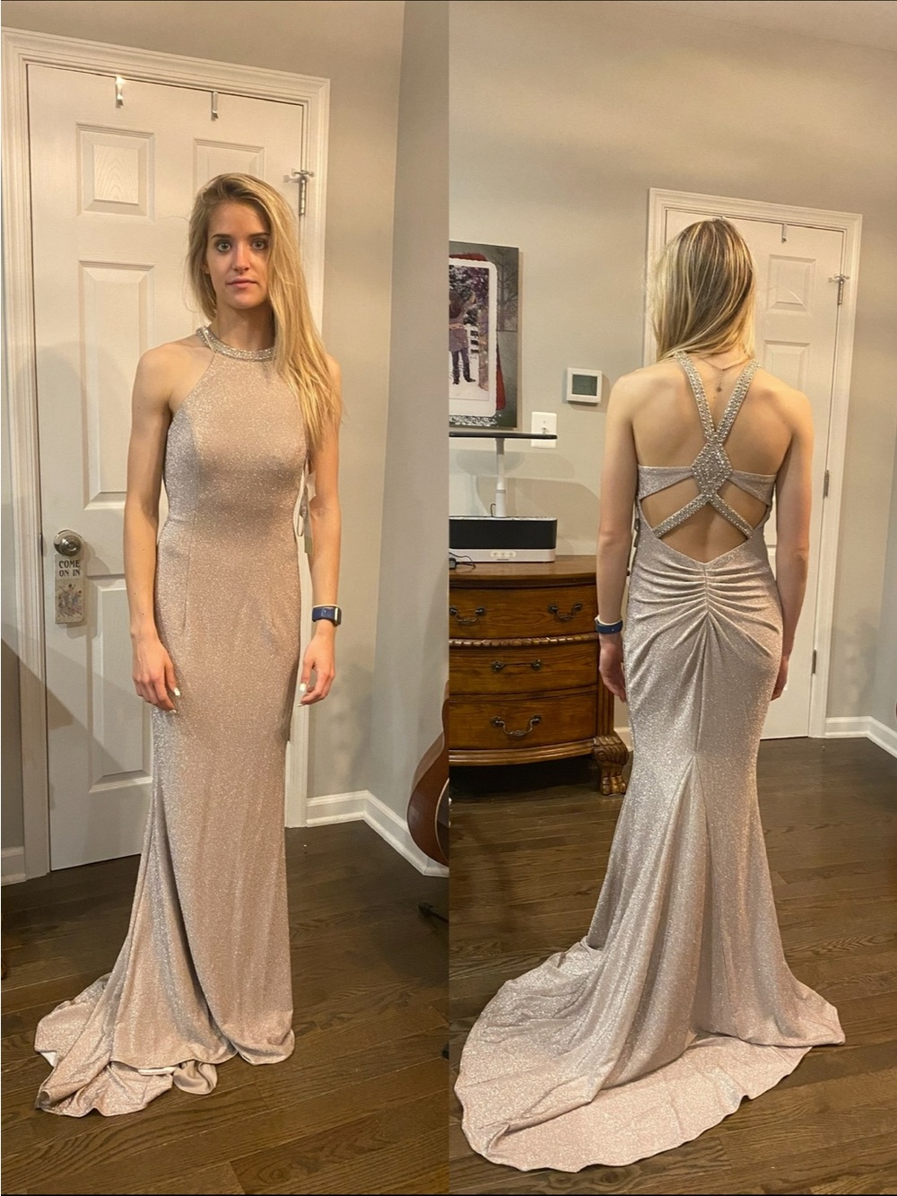 Dave & Johnny Shimmering Champagne Maxi Gown with Strappy Open Back